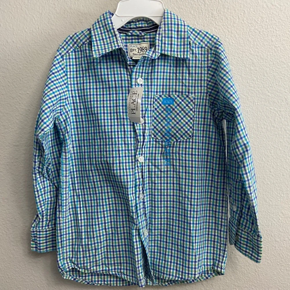 The Childrens Place Boy XS 4 Multicolor Plaid Gingham Button Down Shirts NWT 2pk